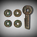 A group of five bronze coins, Xin <b>dynasty</b> (9-24) and <b>Tang</b> <b>dynasty</b> (618-907)