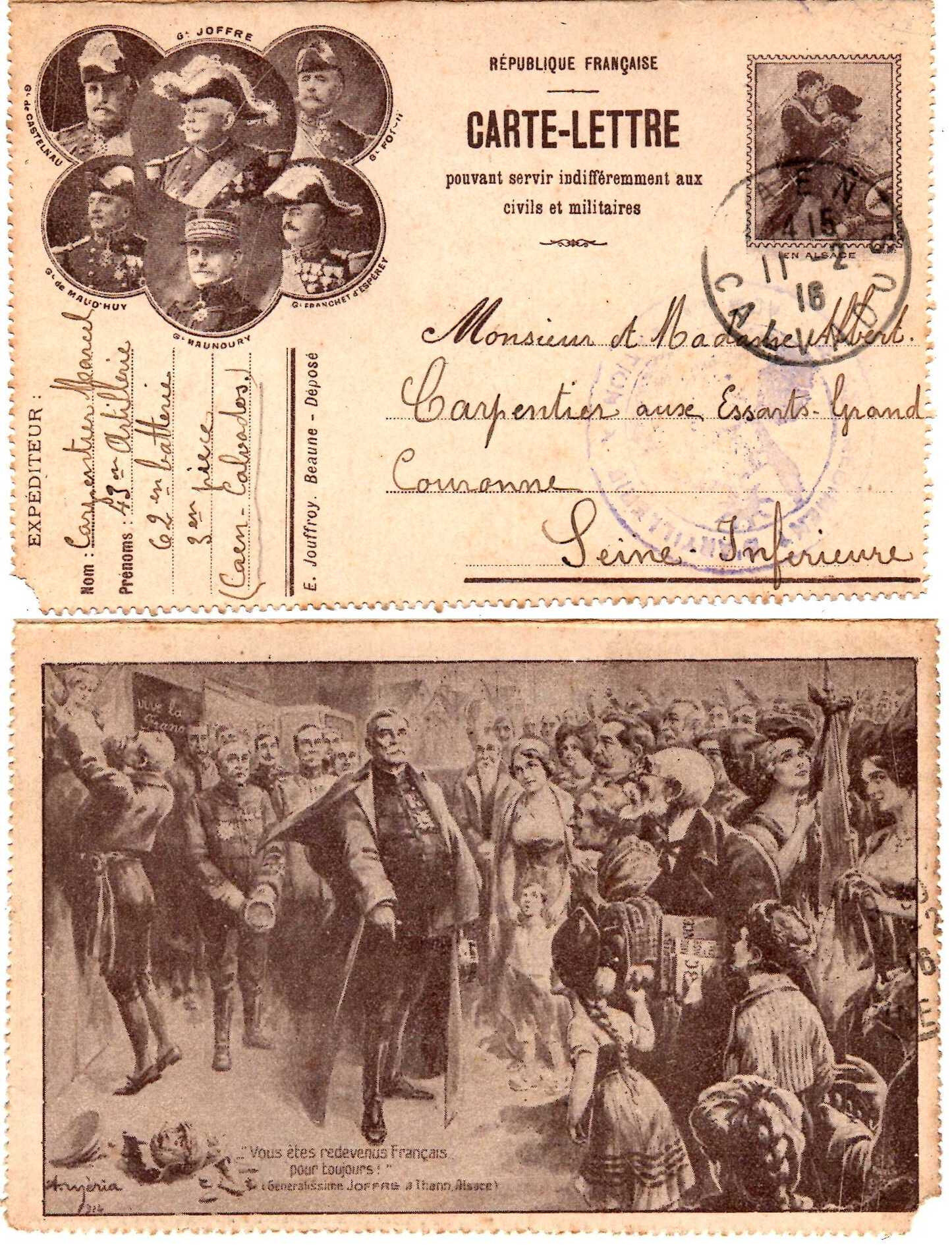 10 Caen, correspondance, 1916, Marcel Carpentier 43e RAC 62e batterie 3e pièce