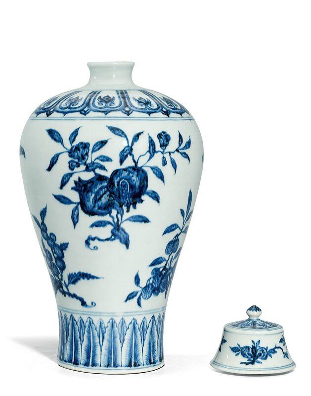 A very rare fine and superbly painted blue and white meiping and a cover, Yongle period (1403-1425), the cover late Ming dynasty