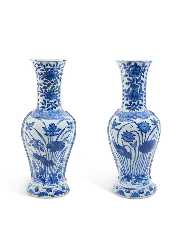 A pair of blue and white 'lotus pond' wall vases, Ming dynasty, Wanli six-character marks and of the period (1573-1620)