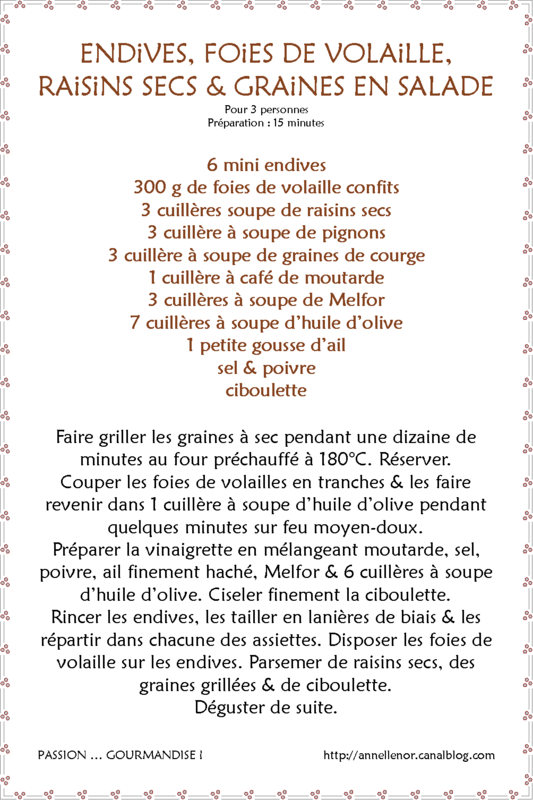 Endives, foies de volaille, raisins secs & graines en salade_fiche