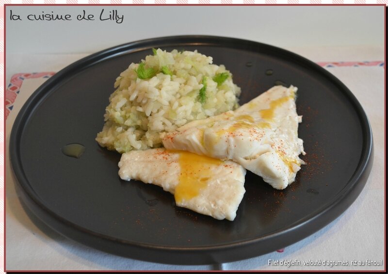 filet d'églefin, velouté aux agrumes, riz au fénouil
