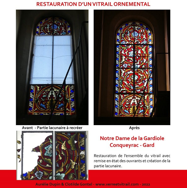 Restauration d'un vitrail avec reconstitution du motif