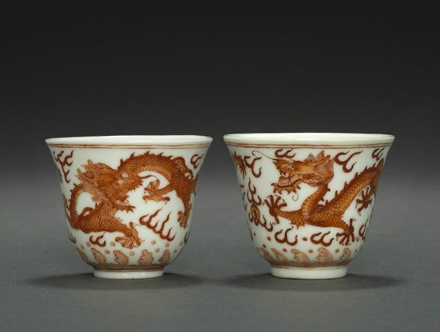Two iron red 'dragon' wine cups, Guangxu six-character marks and of the period