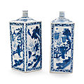 A pair of blue and white <b>gin</b> <b>bottles</b>, 17th century