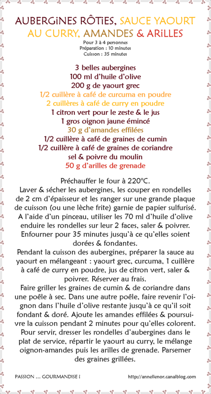Aubergines rôties, sauce yaourt au curry, oignons frits, amandes & arilles_fiche