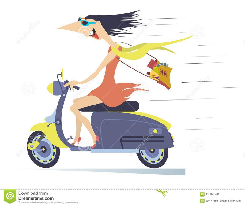 tours-comiques-de-jeune-femme-sur-le-scooter-115321281