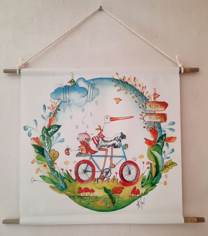 La bicyclette, 45 x 43 cm , avec ses tiges de suspension en bambou