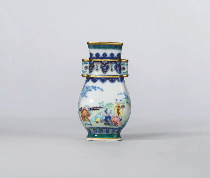 A rare doucai miniature vase, hu, Qianlong four-character seal mark in underglaze blue and of the period (1736-1795)