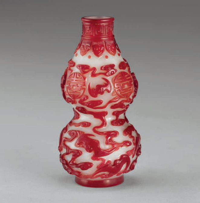 A RARE SMALL RED-OVERLAY WHITE GLASS DOUBLE-GOURD VASE