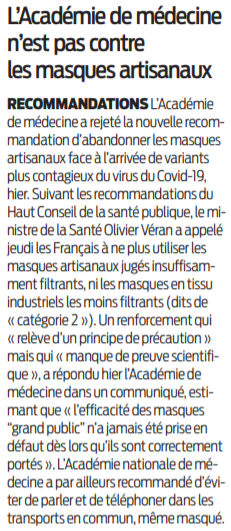 2021 01 23 SO L'Académie de médecine n'est pas contre les masques artisanaux