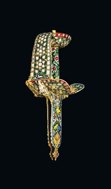 An impressive gemset and enamelled gold sword (khanda) hilt, Mughal India, late 17th-early 18th century 