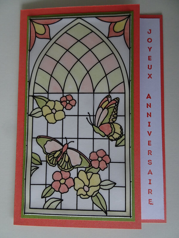 1b Carte vitrail coloré, fleurs et papillons