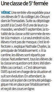2020 09 16 SO Véras une classe de cinquième fermée