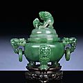 A fine emerald-green jadeite <b>archaistic</b> <b>vessel</b> <b>and</b> <b>cover</b>, fangding, late Qing dynasty