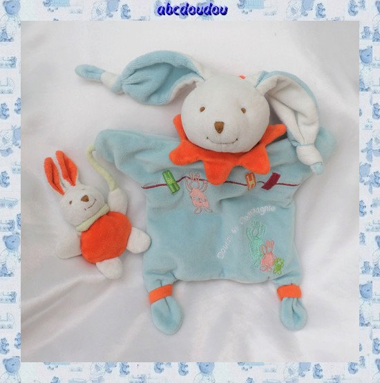 Doudou Peluche Marionnette Lapin Bleu Col Orange Et Son Bébé Doudou Et Compagnie