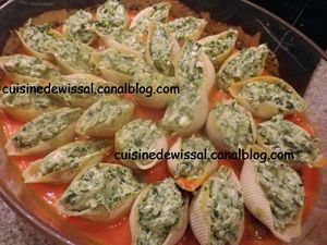 recettes Petite envie, petite recette, conchiglies ou coquillages au chèvre et épinards filkoujina
