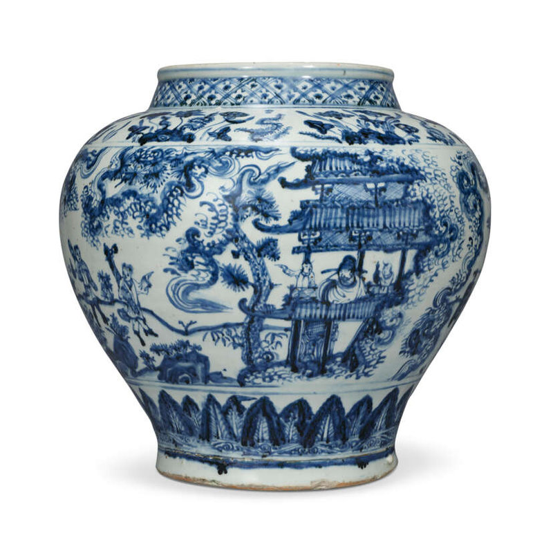 A blue and white 'Figures in windswept landscape' jar, Ming dynasty, mid-15th century