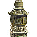 A large <b>green</b> <b>and</b> <b>amber</b>-<b>glazed</b> pottery three-part model of a stupa, China, Liao dynasty (AD 907-1125)