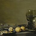 Pieter <b>Claesz</b>., Still life of lemons and olives, pewter plates, a roemer and a façon-de-Venise wine glass on a ledge