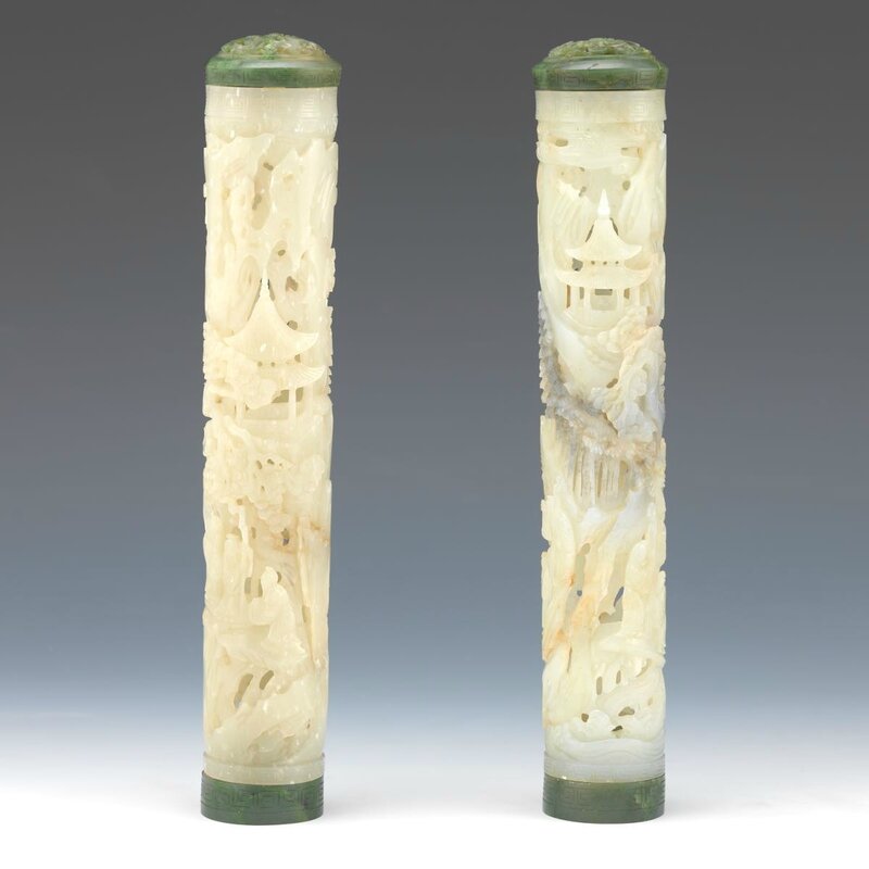 A Rare Pair of Carved Jade Cricket Cages, Qianlong Period, 1736-1795