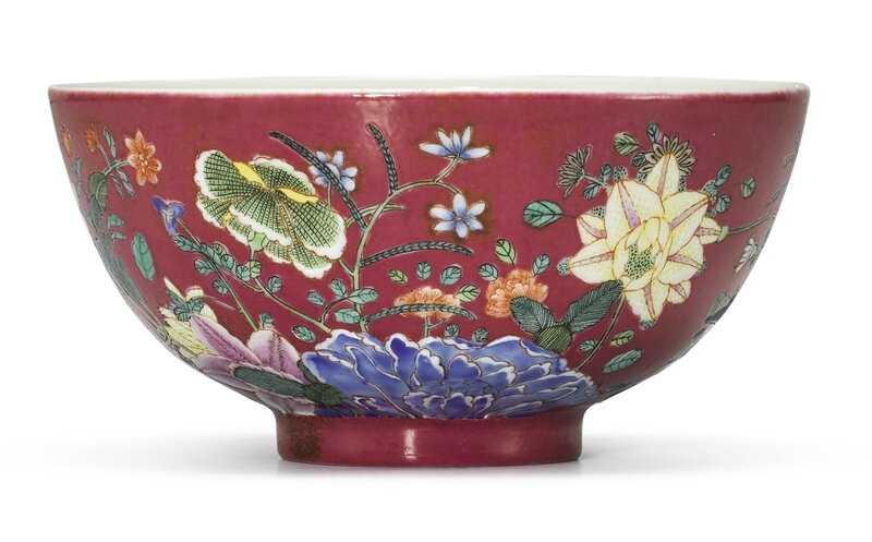A ruby-ground famille-rose bowl, Early 20th century