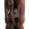 A rare rhinoceros horn double cup, so called '<b>Champion</b> <b>vase</b>', China, 18th ct