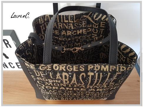 SAC SIMILI NOIR TISSU PARIS DORE DESSUS