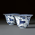 An extremely rare pair <b>of</b> blue and white 'Three ram' bowls, marks and period <b>of</b> Jiajing (1522-1566)