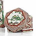 An iron-red, yellow, green and aubergine-glazed hexagonal box and cover, China, Ming dynasty, Tianqi period (1621-<b>1627</b>)