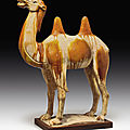 A large <b>amber</b> <b>and</b> <b>straw</b>-<b>glazed</b> <b>pottery</b> figure of a camel, Tang dynasty (618-907)