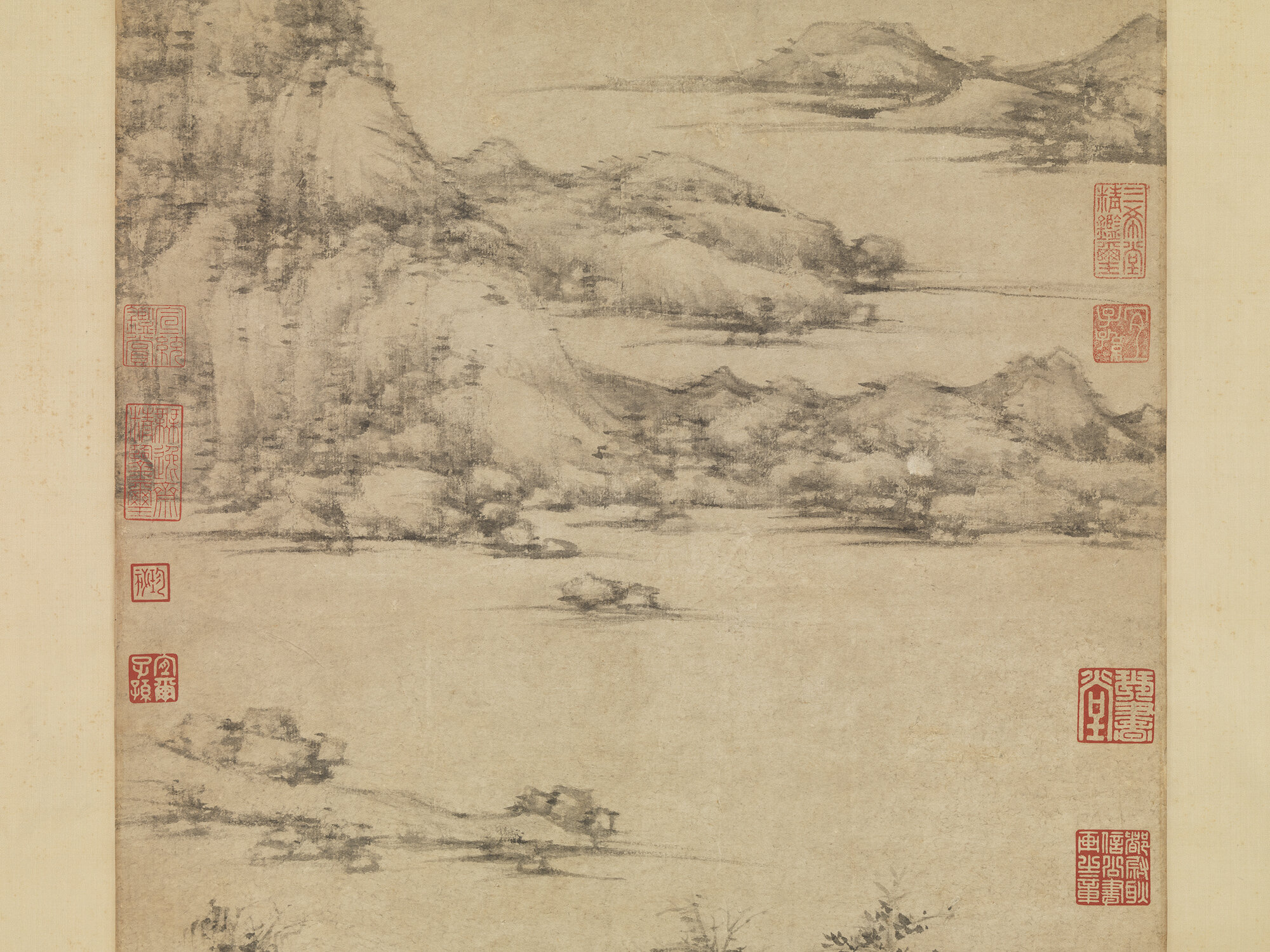 Ni Zan (1301-1374), Riverside Pavilion by Mountains, Yuan Ni Zan (1301-1374), Riverside Pavilion by Mountains, Yuan