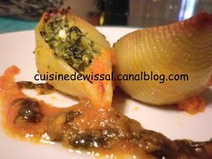 recettes Petite envie, petite recette, conchiglies ou coquillages au chèvre et épinards filkoujina