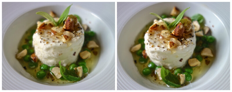 chèvres frais, petits pois, noisettes 