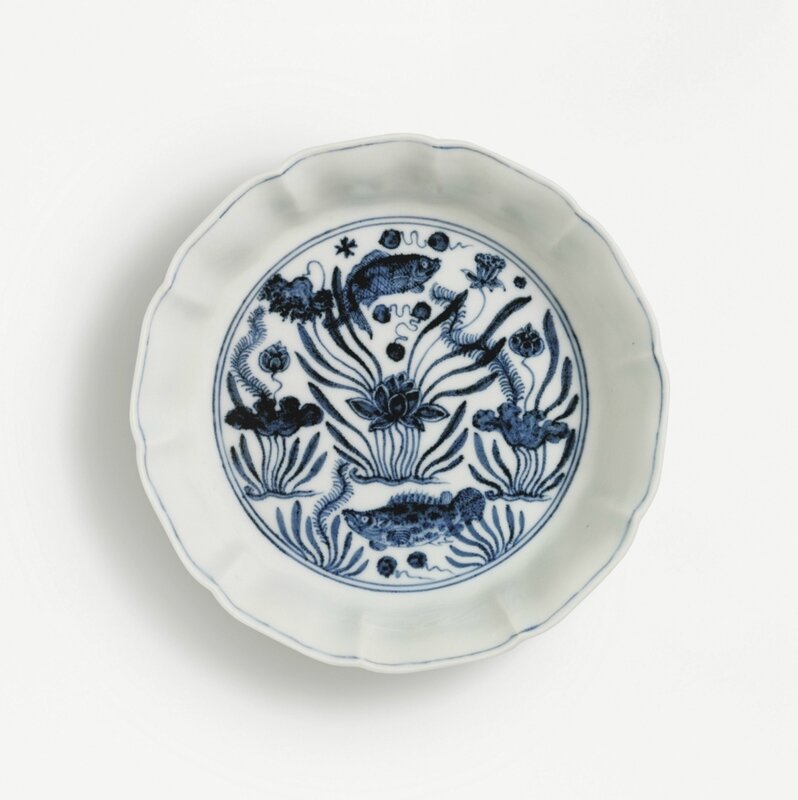 n exquisite blue and white 'fish pond' brush washer, Mark and period of Xuande (1426-1435)