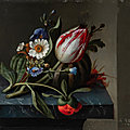 <b>Rachel</b> <b>Ruysch</b> (The Hague 1664 - 1750 Amsterdam), Still life of a tulip and other flowers with a melon upon a ledge