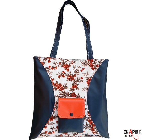 cabas tote bag sac vintage fleurs bleu nuit et beige déclaé original poche à soufflet chic par CrApule FActOry.www.crapule-factory.com