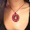 Collier macramé rouge, pendentif <b>pierre</b> labradorite, collier femme