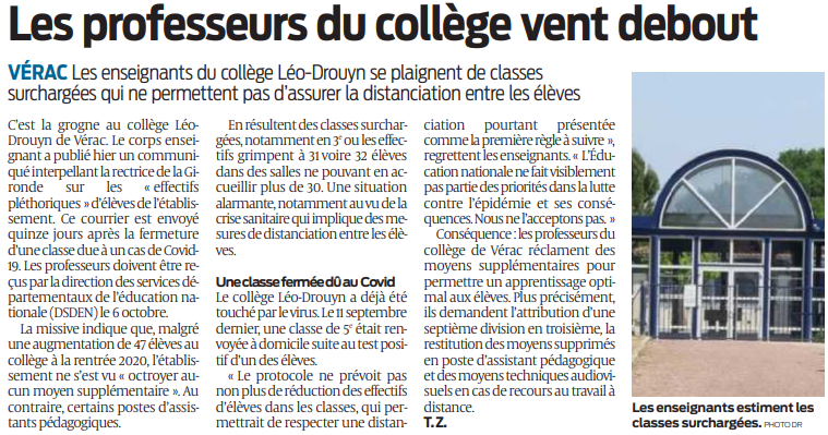 2020 09 30 SO Vérac les professeurs du collège vent debout