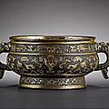 A <b>parcel</b>-<b>gilt</b> <b>bronze</b> incense burner, gui. 17th century, Yunjian Hu Wenming zhi markA <b>parcel</b>-<b>gilt</b> <b>bronze</b> incense burner, gui. 17t