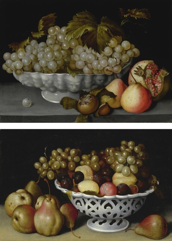 Fede Galizia, A Still Life of a Porcelain Bowl of Grapes on a Stone Ledge with a Medlar, Quinces, a Pomegranate and a Wasp; A Still Life of a Porcelain Basket of Plums and Grapes on a Stone Ledge with Pears