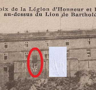 1920 Belfort CPA Château Lion Légion d'honneur Drap sur Croix guerre Brun R