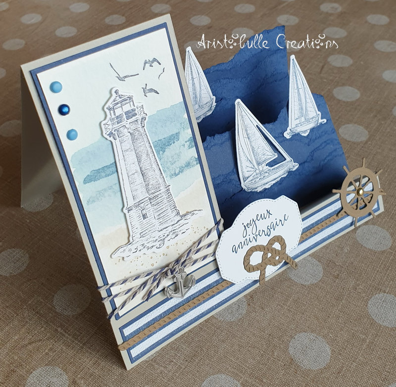 Carte escalier anniversaire phare et bateaux - profil gauche