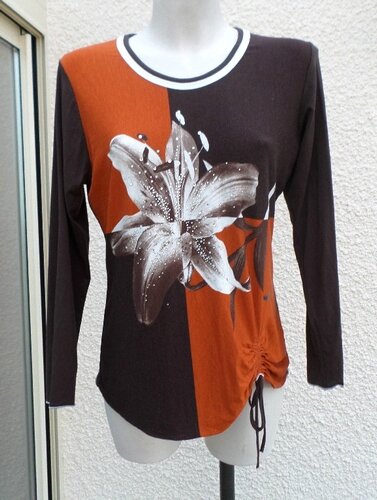 Haut Manches Longues Marron Et Orange Motif Fleur Avec Strass Declic Taille 46