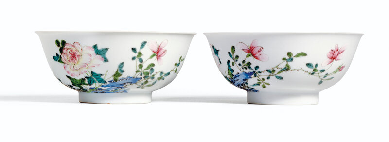 A fine pair of famille-rose floral bowls, marks and period of Yongzheng (1723-1735), from the Meiyintang collection; 17.9 cm., 7 in. Sold for 6,040,000 HKD at Sotheby's Hong Kong, 8th April 2013, lot 13.
