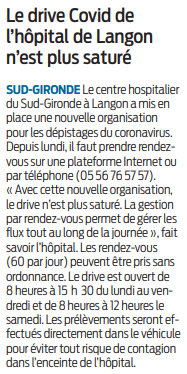 2020 09 24 SO Le drive Covid de l'hôpital de Langon n'est plus saturé