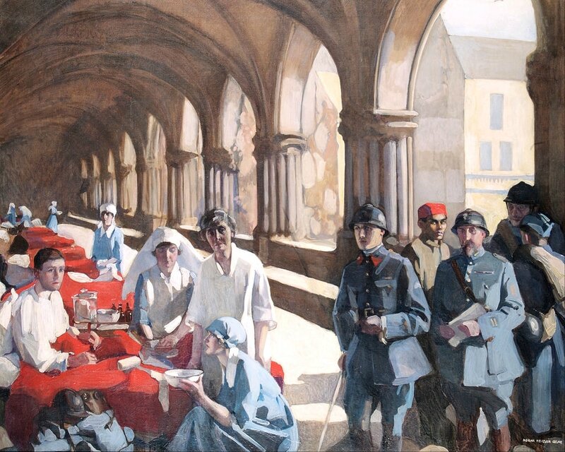 Neilson Gray, Norah, The Scottish Women's Hospital-In The Cloister of the Abbaye at Royaumont, Dr Frances Ivens inspecting a French patient