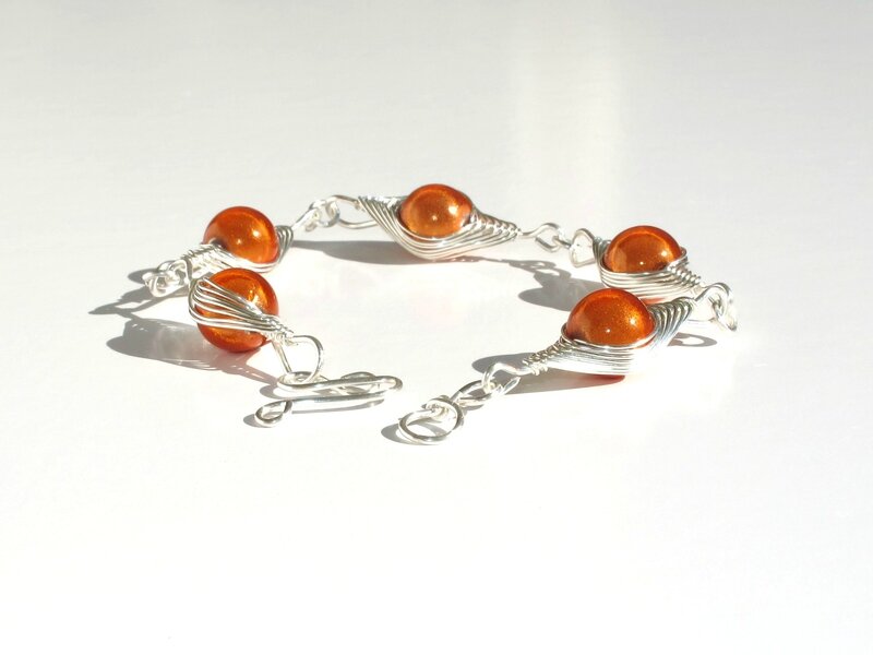 bracelet wire argent perles oranges 2