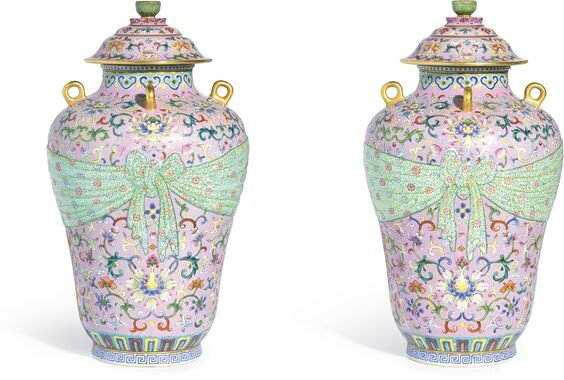 An Extremely Rare Pair of Pink-Ground Famille-Rose ‘Trompe L’oeil’ Jars and Covers, Seal Marks and Period of Qianlong (1736-1795