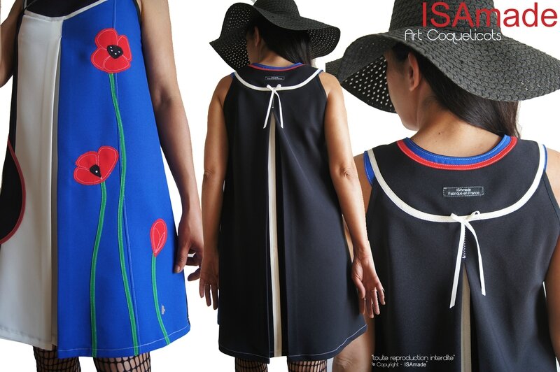 MOD 432B robe trapeze createur bleu blanc rouge graphique fleurie coquelicot made in france